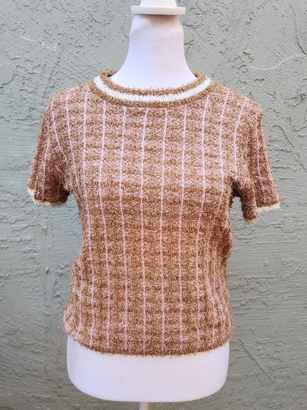 Endless Rose Camel Check Knit Tweed Sweater Tee Top Short Sleeve Size XS